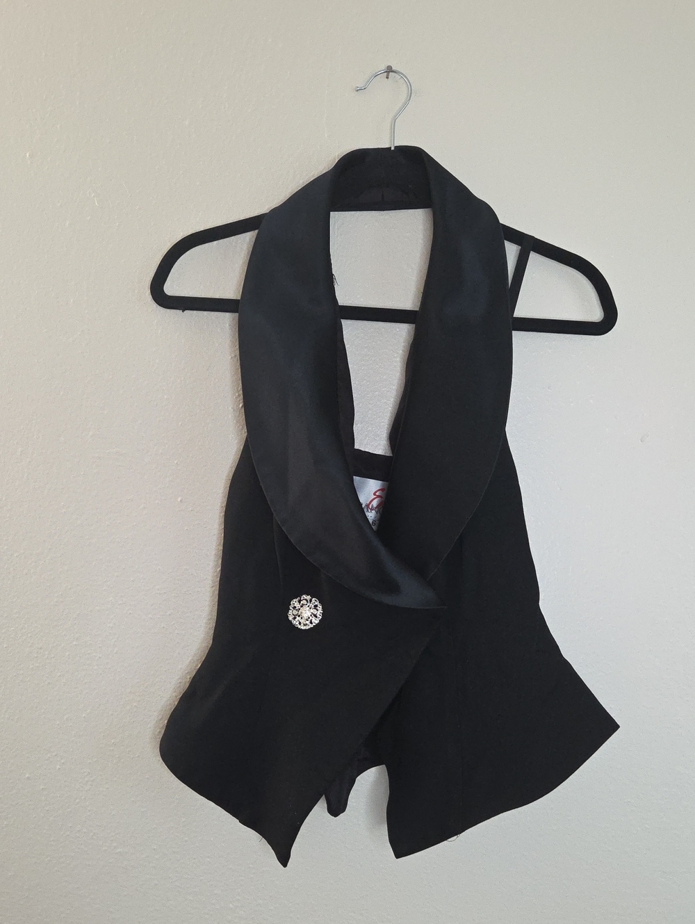 Black Satin-Trim Halter Camisole with Crystal Button
